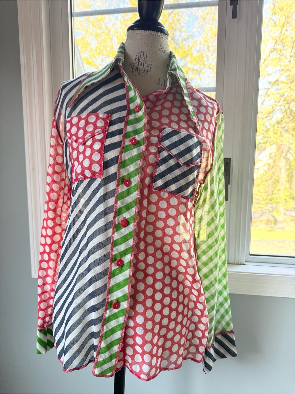 Joy Stevens color block patchwork dagger collar button-down shirt EVC size M‎